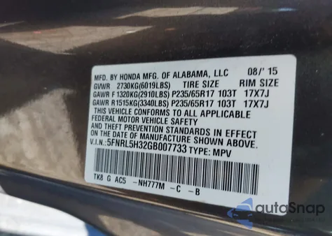 2016 Honda Odyssey Se from USA, damaged, VIN 5FNRL5H32GB007733